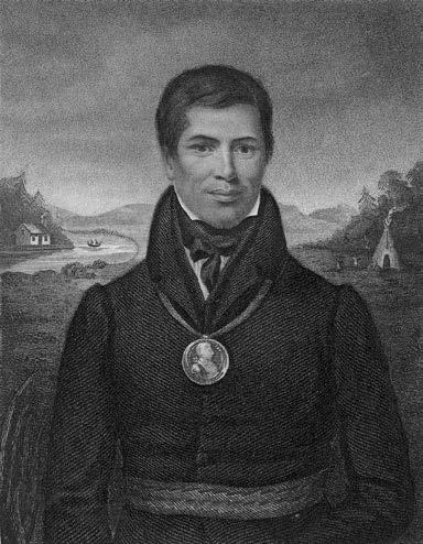 Kahkewaquonaby (Sacred Feathers), also known as Peter Jones, in 1832. He was an Ojibway chief who worked with Methodist officials to establish the Mount Elgin residential school in Muncey, Ontario. He died before the school opened. Toronto Public Library, X2-25.