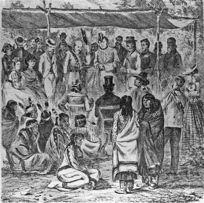 The signing of Treaty 1 at Lower Fort Garry, 1871. To gain control of the land of Indigenous people, colonists negotiated Treaties, waged wars of extinction, eliminated traditional landholding practices, disrupted families, and imposed new political and spiritual order that came complete with new values and cultural practices. Provincial Archives of Manitoba, N11975.